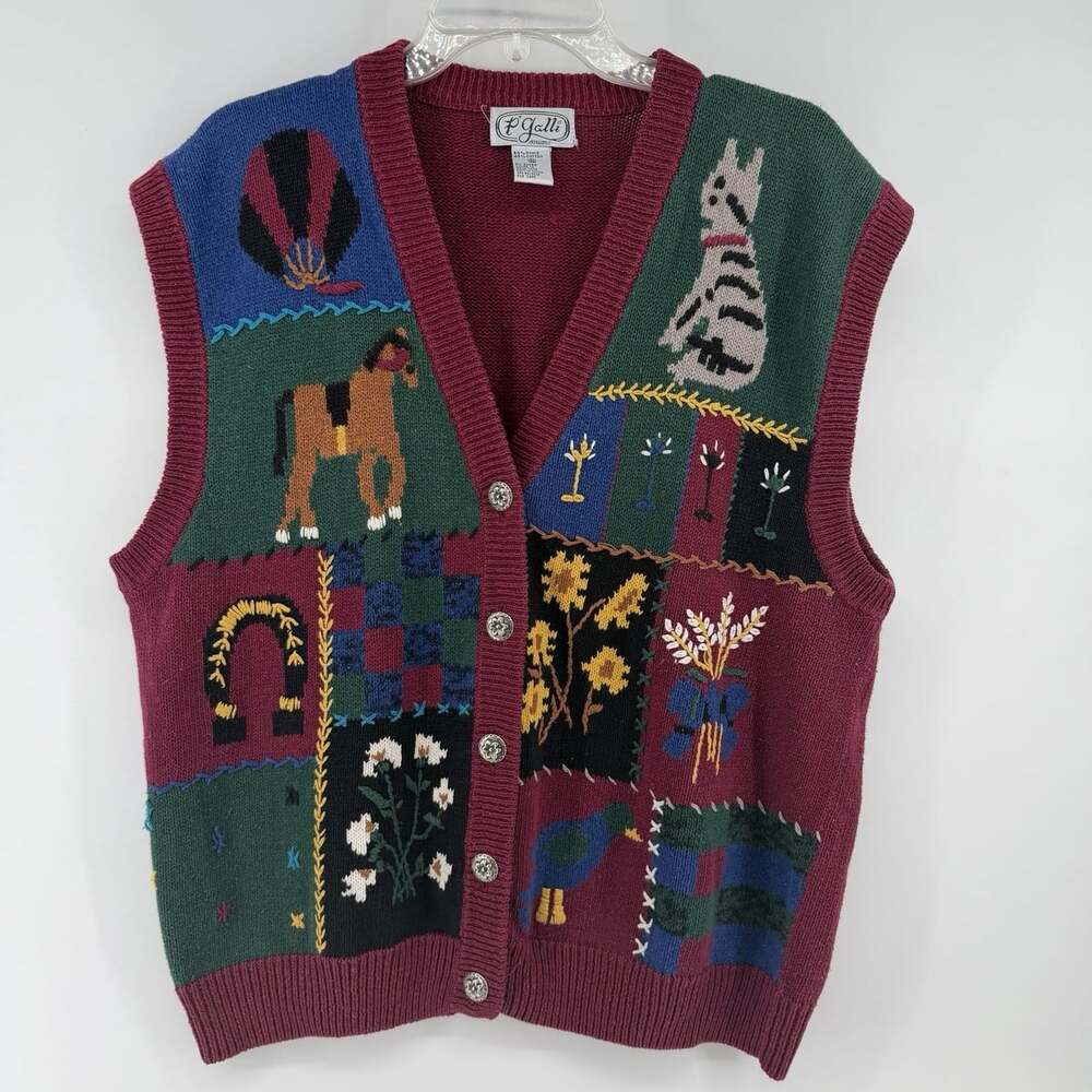 Vintage P. Galli Horse Animal Novelty Sweater Vest Womens XL Maroon Checked